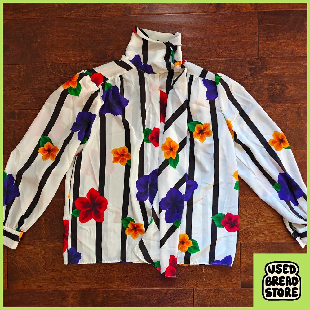 Vintage 90s Button Up Blouse Shirt Attached Scarf Floral Stripes Sz 14 Cos Cob